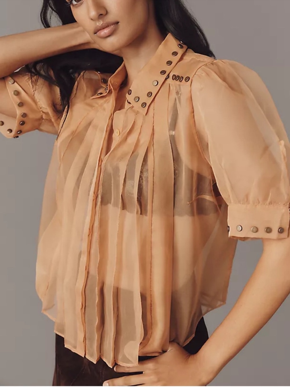 Maeve Sheer Anthropologie Studded Puff Sleeve Top